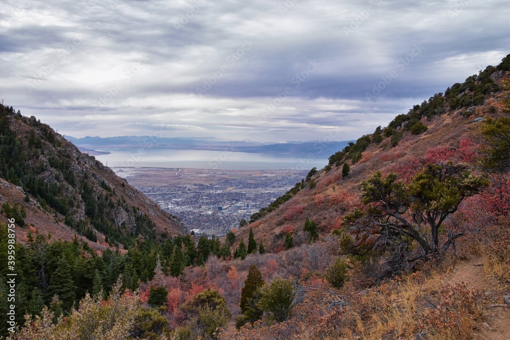 Slide Canyon views from hiking trail fall leaves mountain landscape, Y Trail, Provo Peak, Slate Canyon, Rock Canyon, Wasatch Rocky mountain Range, Utah, United States. 