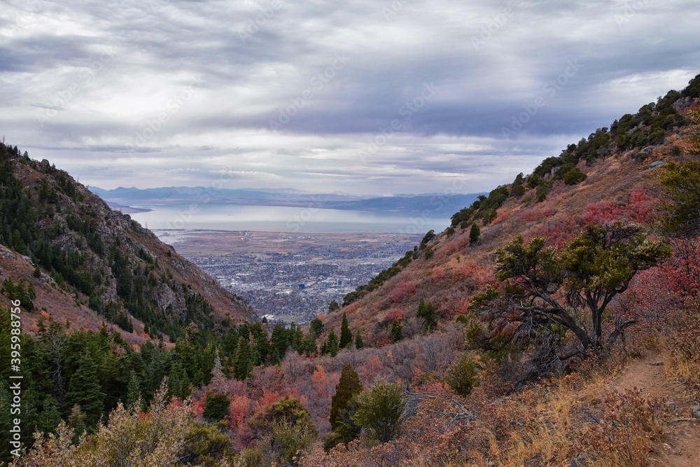 Slide Canyon views from hiking trail fall leaves mountain landscape, Y Trail, Provo Peak, Slate Canyon, Rock Canyon, Wasatch Rocky mountain Range, Utah, United States. Slide Canyon views from hiking trail fall leaves mountain landscape, Y Trail, Provo Peak, Slate Canyon, Rock Canyon, Wasatch Rocky mountain Range, Utah, United States.
