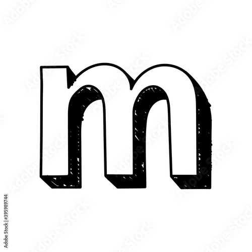 M letter hand-drawn symbol. Vector illustration of a small English letter m. Hand-drawn black and white Roman alphabet letter m typographic symbol. Can be used as a logo, icon