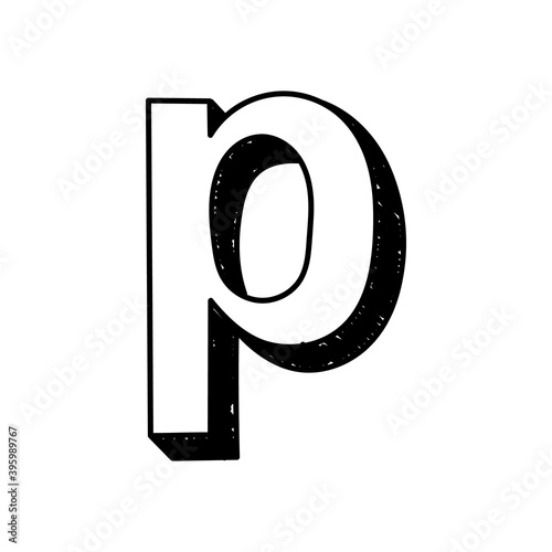 P letter hand-drawn symbol. Vector illustration of a small English letter p. Hand-drawn black and white Roman alphabet letter p typographic symbol. Can be used as a logo, icon