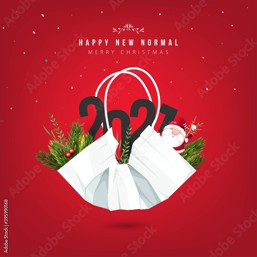 Merry Christmas and happy new year, 2021. Noel, banner, frame, header, background or greeting card design. Covid 19, protecting himself with a surgical mask. Pandemic, flu, corona.