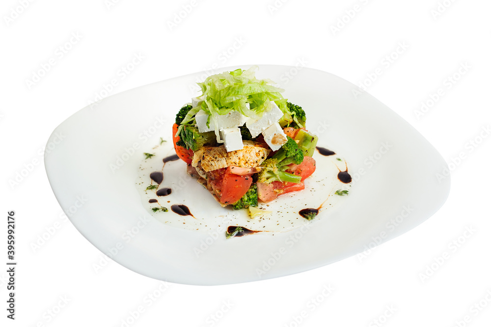 Salad with chicken, feta, tomato, broccoli isolated on white Salad with chicken, feta, tomato, broccoli isolated on white