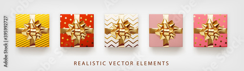Collection of gift presents with golden foil bow. Set of 3d realistic gift boxes with pattern red, pink, yellow, white, beige colors.