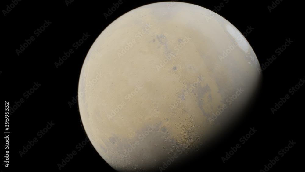 Naklejka premium Mars red planet black background, planet Mars in the Starry Sky of Solar System in Space, science fiction illustration 3d render
