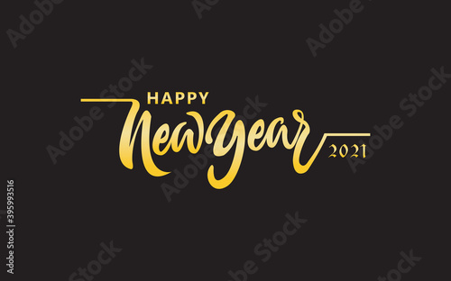 Happy New Year 2021. Modern Gold Text Hand Written Calligraphy Lettering isolated on Black Background. Flat Vector Illustration for Greeting Cards.