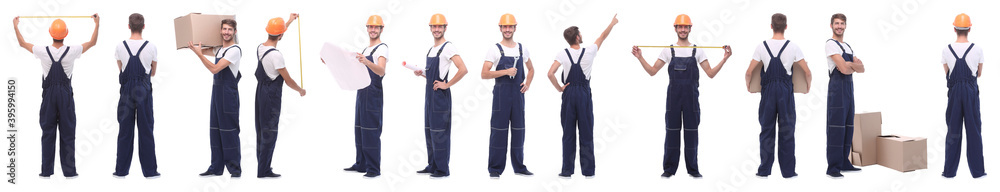 panoramic collage of skilled handyman isolated on white panoramic collage of skilled handyman isolated on white