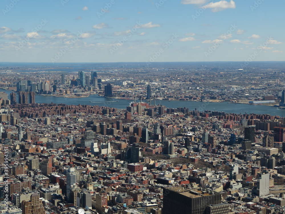 Aerial view of building in new york city from one world trade building.
