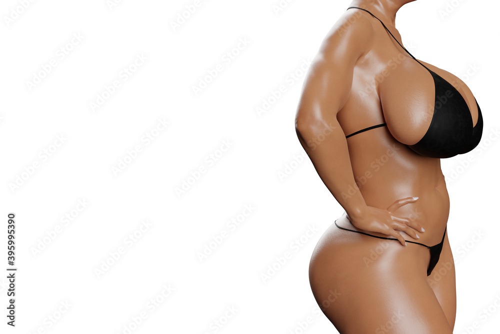 Naklejka premium Sexy young woman with big boobs in a black bikini from the side