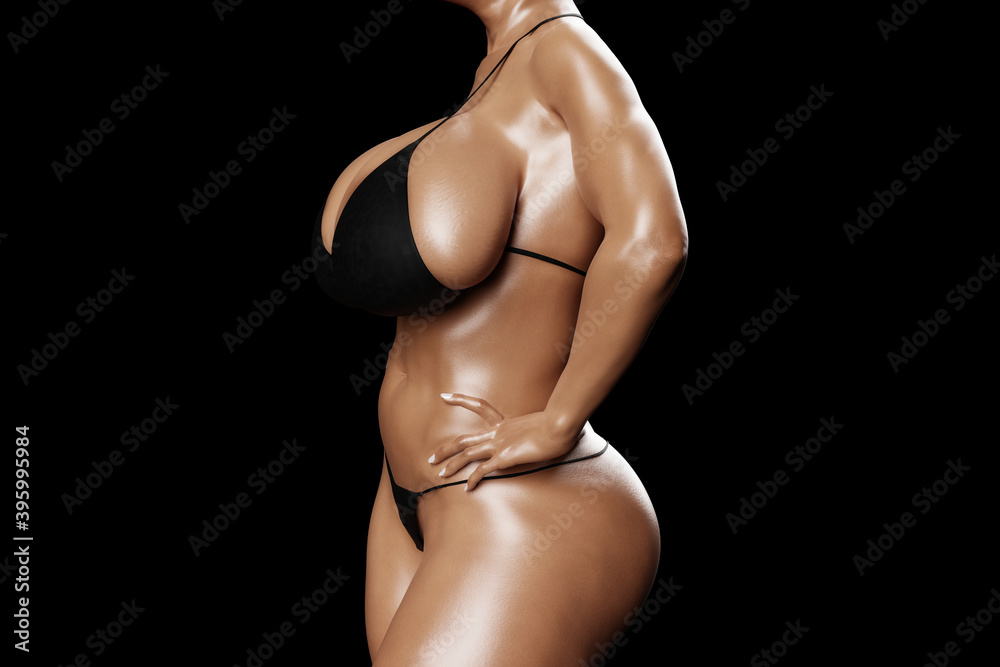 Naklejka premium Sexy young woman with big boobs in a black bikini from the side