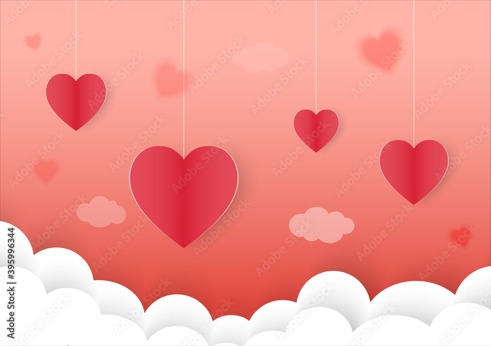 Happy valentines Day. Paper cut in shape of  red heart on pink gradient background with white cloud. Vector illustration.
