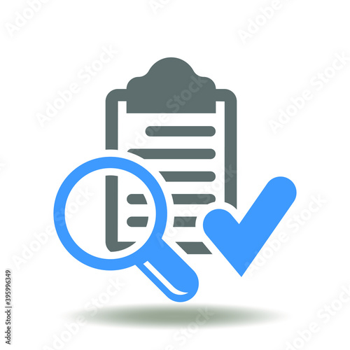 Check list tick magnifying glass icon vector. Revision symbol. Checkup, control sign.
