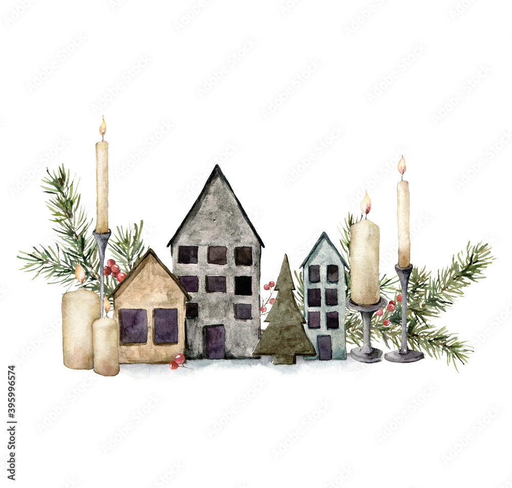 Watercolor Christmas composition with houses, candles and fir branches ...
