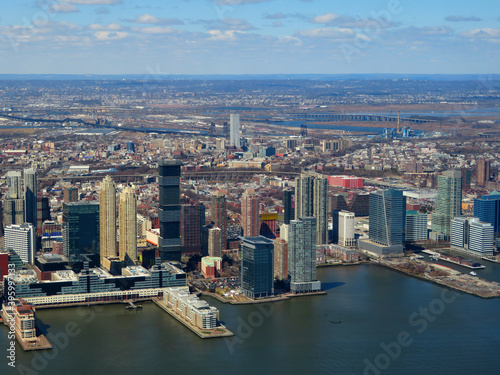 Jersey City modern skyscrapers skyline including from New York Harbor near New York City NYC, New Jersey NJ, USA. © otmman