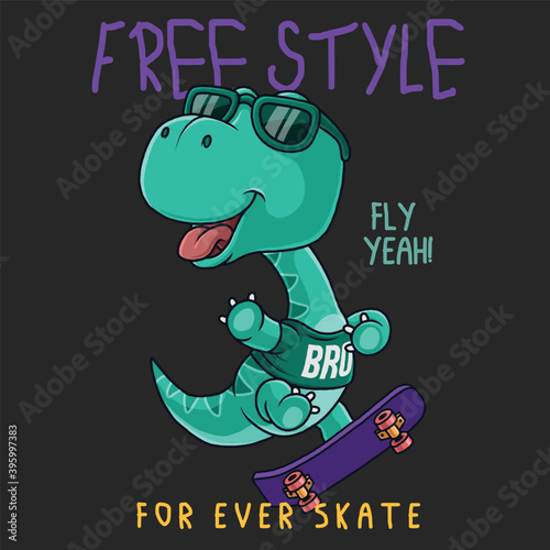 Cool dinosaur playing skateboard. t-shirt design.