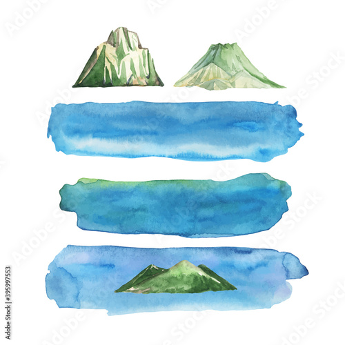 Set of blue watercolor stripes and islands rocks. Vector