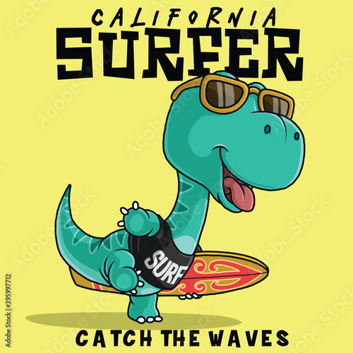 Dinosaur carrying a surfboard. t-shirt design.