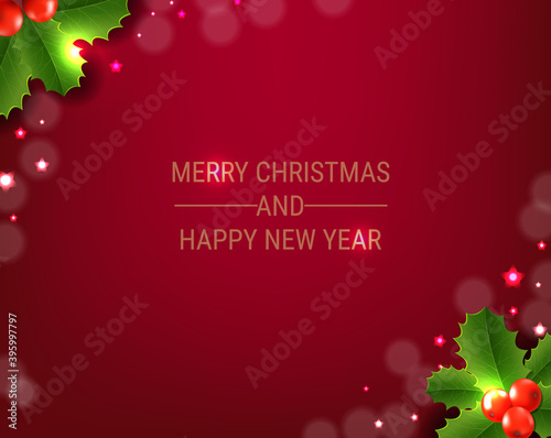 Christmas Postcard With Holly Berry Red Background With Gradient Mesh, Vector Illustration