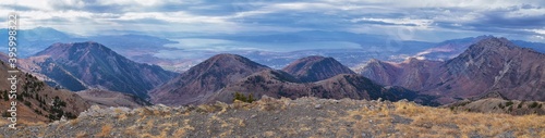 Provo Peak views from top mountain landscape scenes, by Provo, Slide Canyon, Slate Canyon and Rock Canyon, Wasatch Front Rocky Mountain Range, Utah. United States. 