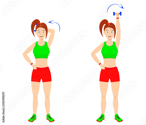 Do physical exercises at home. Young beautiful girl doing exercises with dumbbells for arm muscles.