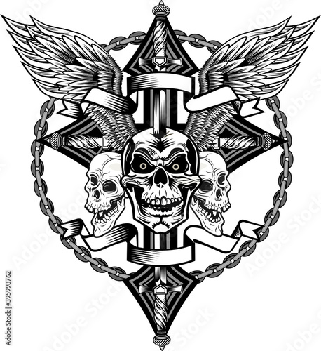 Vintage label. Skull dagger knife