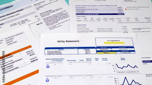 Communal payments. Utility statement, Energy statement and Gas statement, close-up. Zoom in video shot