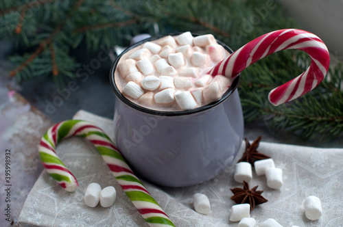 Cup of hot cocoa with marshmallows and santa staff. Cup of New Year's and Christmas cocoa with marshmallows with fir branch and sweets on grey background.