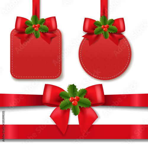 Christmas Red Sale Label With Red Silk Ribbon White Background With Gradient Mesh, Vector Illustration