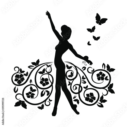 Silhouette of ballerina in a skirt of butterflies, flowers and swirl pattern. Young graceful dancing woman. Black isolated vector illustration on white background