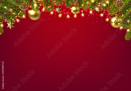 Christmas Card With Fir Tree And Red Background With Gradient Mesh, Vector Illustration