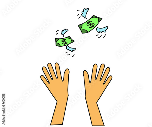 Hands up and flying away money on a white background. Symbol. Vector illustration.