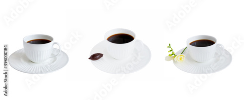 Black coffee in white cup, isolated on white background. Set of three cups