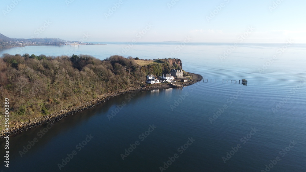 Aberdour Harbor and cape aerial view, Aberdour, Scotland. Aberdour is a scenic and historic village on the south coast of Fife, Scotland. 
