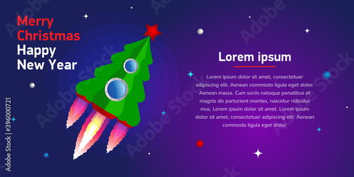 Christmas tree with rocket engines flies in space. Happy New Year and Merry Christmas banner, starry sky background with place for text, copy space. Vector, illustration