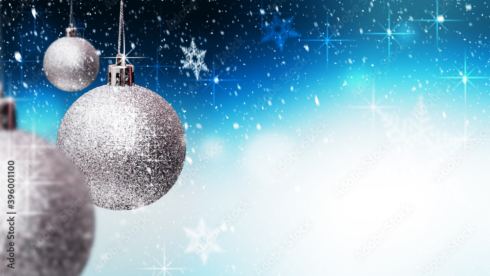 Silver Christmas balls over blue background with snowflakes. Banner. Merry Xmas and Happy New Year concept. Copy space.