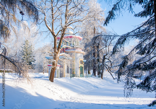 Creaking summer-house at Chinese village in winter in Tsarskoe Selo, Saint Petersburg, Russia © Mistervlad