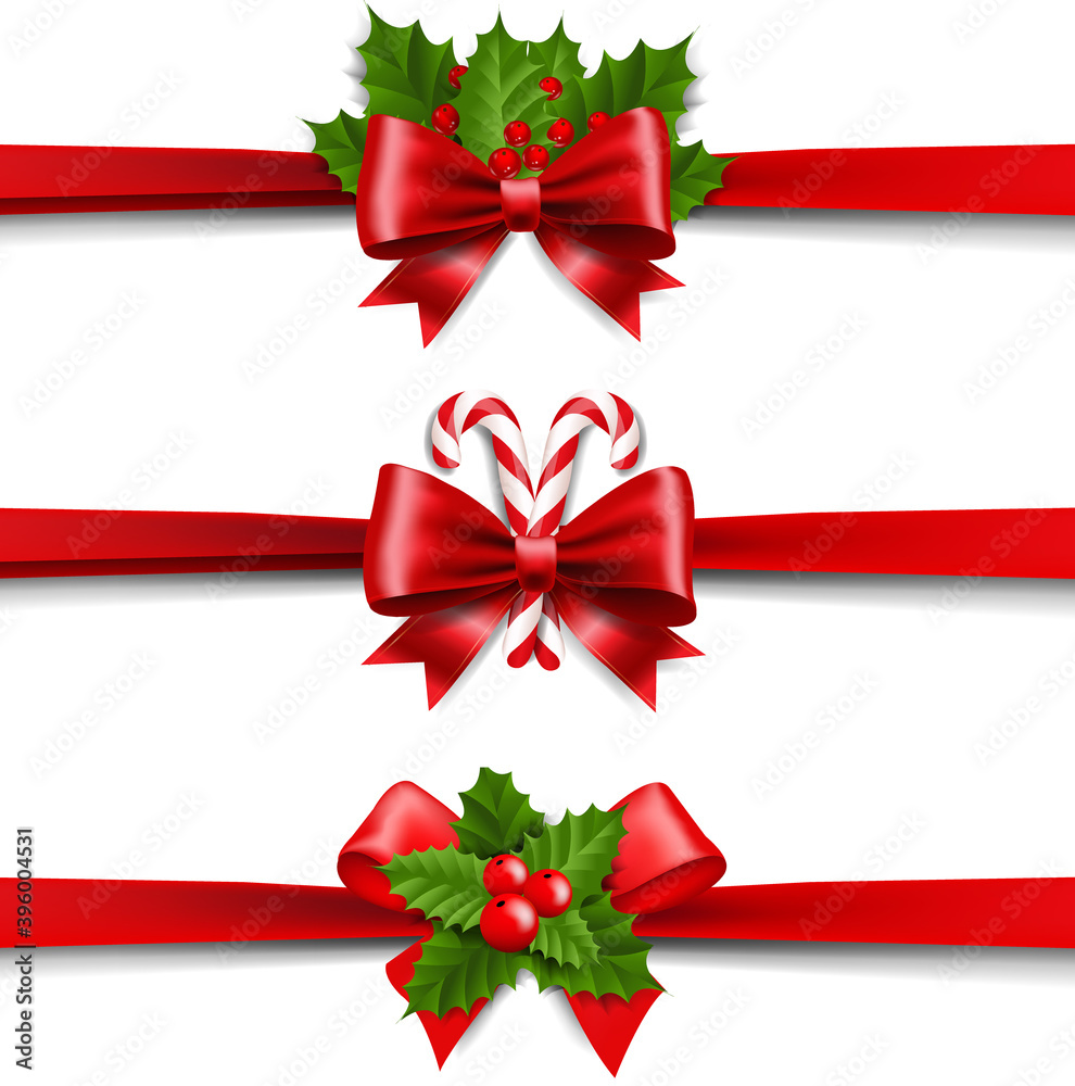 Xmas Ribbons Bow And Holly Berry Set white Background With Gradient Mesh, Vector Illustration