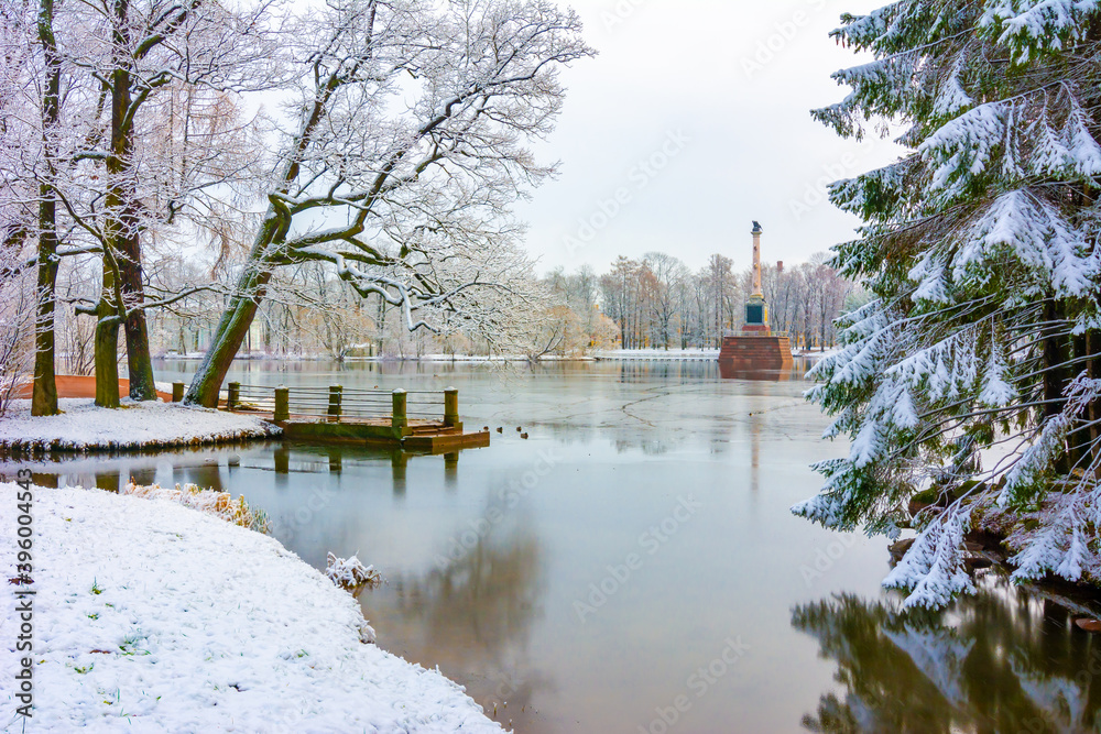 Grand pond in Catherine park in winter, Tsarskoe Selo (Pushkin), Saint Petersburg, Russia