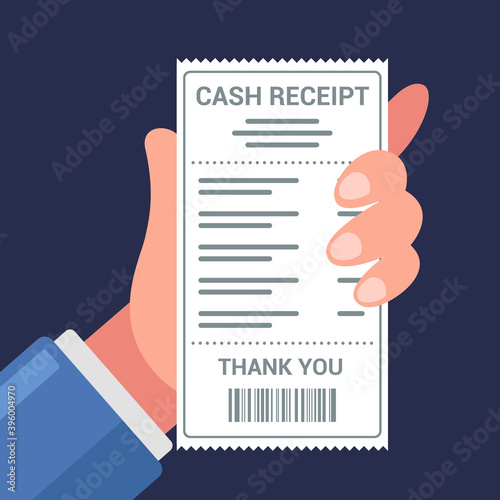 hand holds a paper check from the store. checking the list of purchases made. flat vector illustration.
