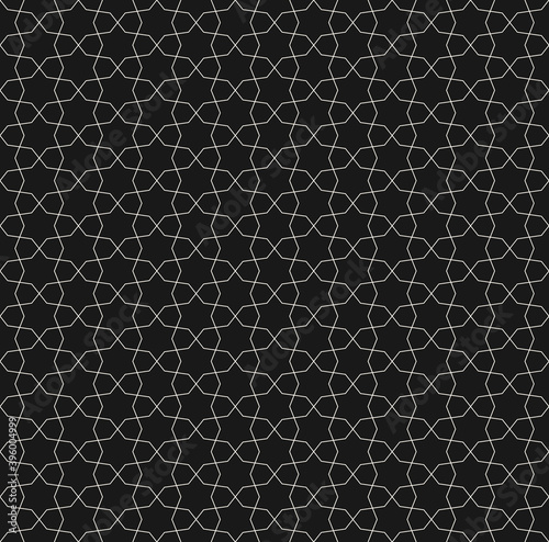 Abstract geometric seamless pattern in Oriental style. Vector monochrome ornament with thin lines, mosaic, subtle floral grid. Black and white background. Dark minimal design for decor, print, cover