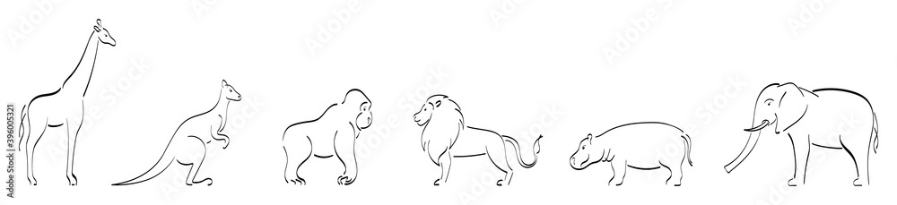 Obraz premium Black outline set of kangaroo, giraffe, monkey, elephant, lion, hippo