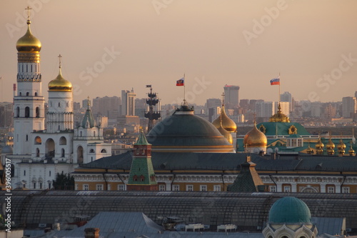 view of the roofs of the Moscow Kremlin at sunset
