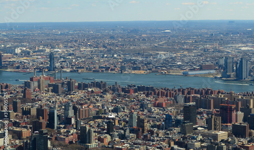 Aerial view of the Lower East Side of Manhattan with Brooklyn in the background