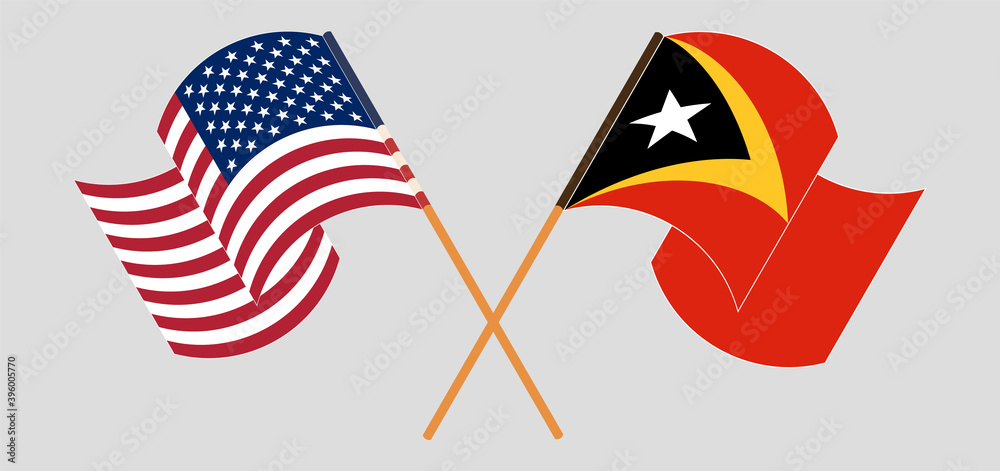 Crossed and waving flags of USA and East Timor Crossed and waving flags of USA and East Timor