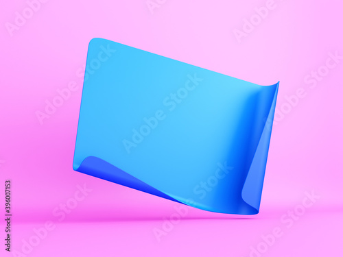 Blue blank curled banner on pink background. Empty space. Rectange template. 3d rendering. photo