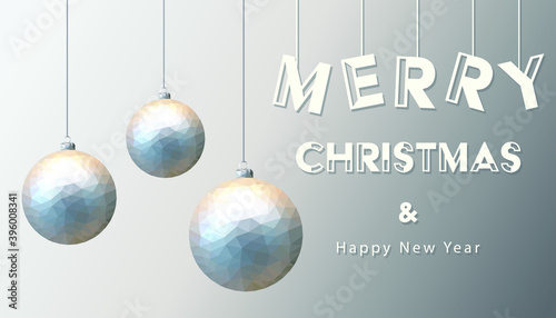 Merry Christmas happy new year fancy poly silver ornament bauble shape in hipster origami style. Ideal for xmas card or elegant holiday party invitation. EPS10 vector.
