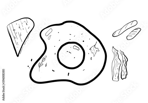Vector illustration of fried eggs (omelette) with spices and herbs, bacon, sausages, bread, drawn in the style of Doodle.