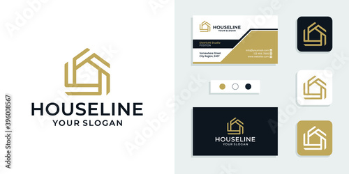 Geometric house logo icon with linear style and business card design template