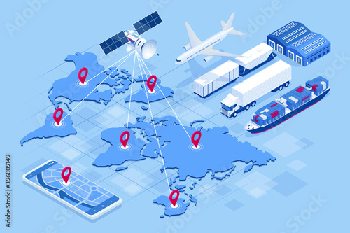Isometric Global logistics network concept. Freight shipping. Satellite tracks the movement of freight transport. Maritime, air shipping transport logistic, warehouse storage concept, export or import
