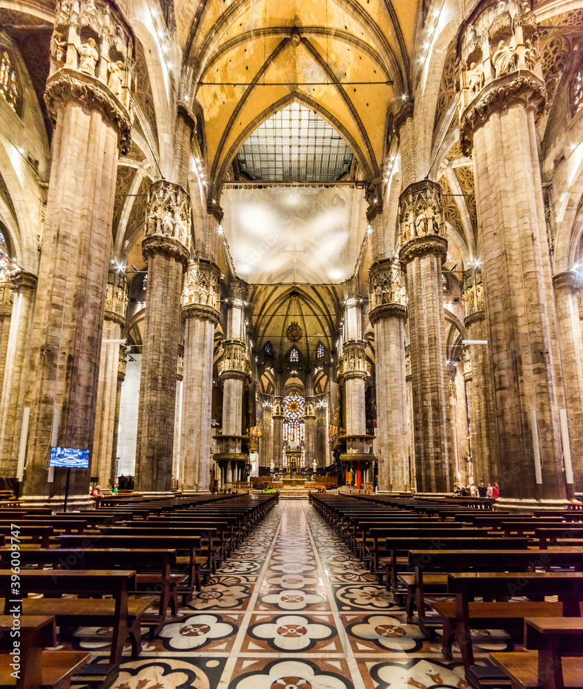 Duomo di Milano Cathedral interior view in Duomo Square. Milano, Italy.