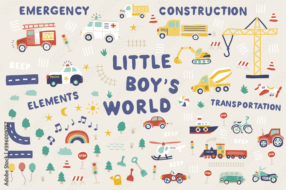 Little boy hand-drawn cute colorful bundle map creator